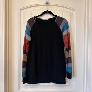 Black with colorful striped sleeve tunic sweater
